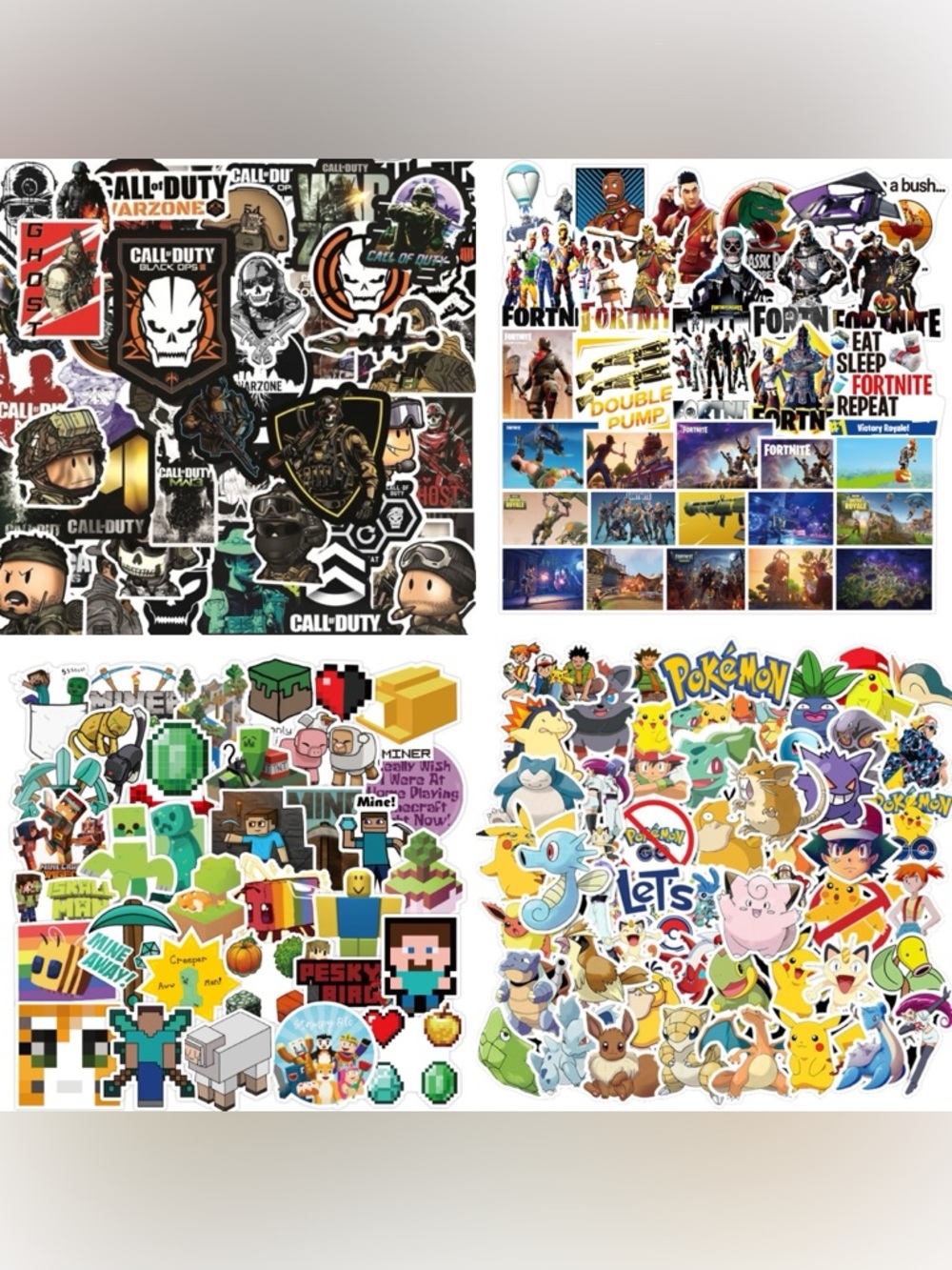 New 200pc Call of Duty Fortnite Minecraft Pokemon Sticker Set No Duplicates